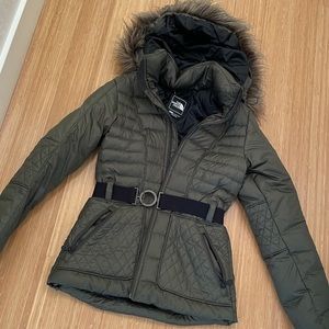 Green North Face Parkina Down Jacket Belted with Fur Hood XS